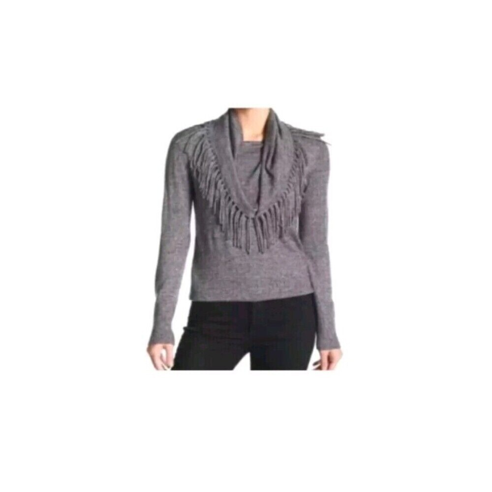 Chelsea and Theodore Top Sweater XL Gray Charcoal Fringed Cowl Neck Wool Blend. - Picture 6 of 12